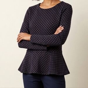 Sara Campbell Navy and Brown Polka Dot Peplum Knit Blouse Sweater Medium USA.